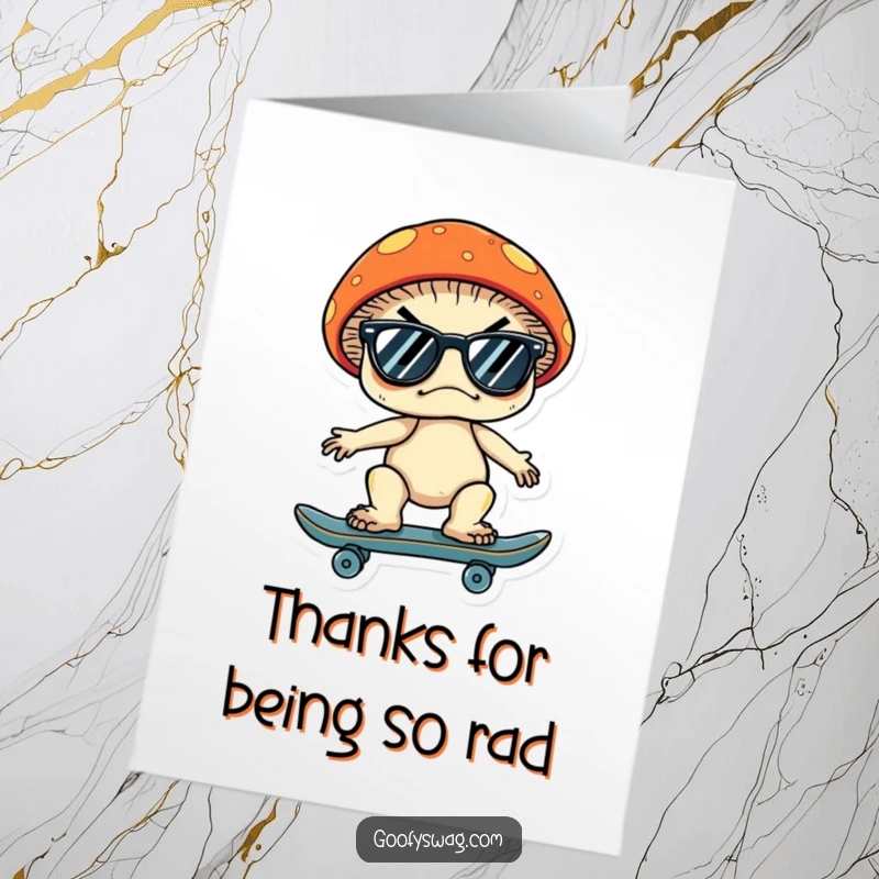 Funny Free Printable Thank You Card showing a grumpy mushroom skater giving a reluctant thumbs up of appreciation.
