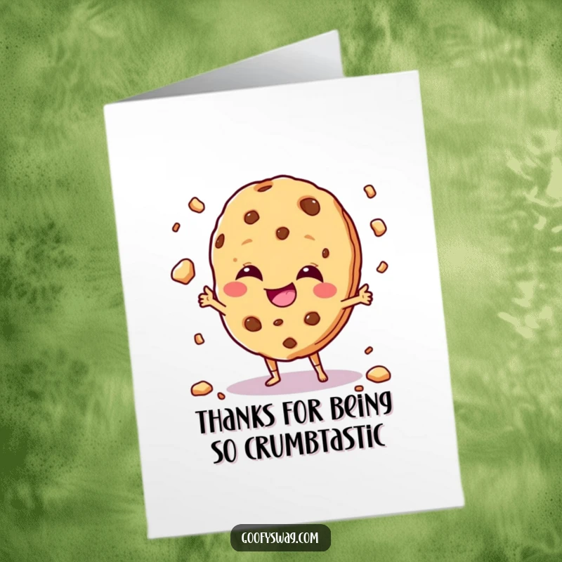 Funny Free Printable Thank You Card: Giggling cookie juggles crumbs with a mischievous grin, sweet downloadable.