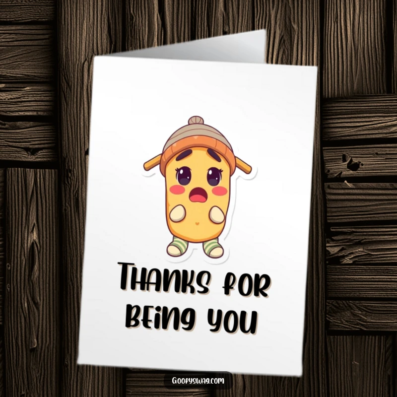 Funny Free Printable Thank You Card: A surprised potato in a propeller beanie and odd socks.