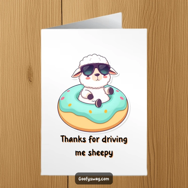 Funny free printable sheep thank you card in sunglasses on a donut float, conveying thanks. DL size.