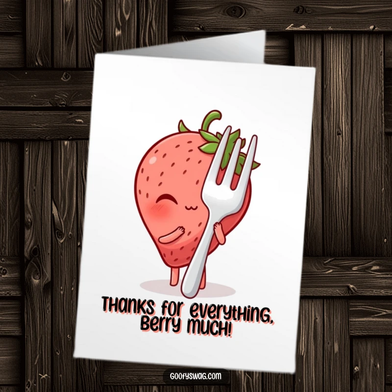Funny Free Printable Thank You Card: Blushing strawberry peeking shyly behind a huge fork. Expressing thanks with humor.