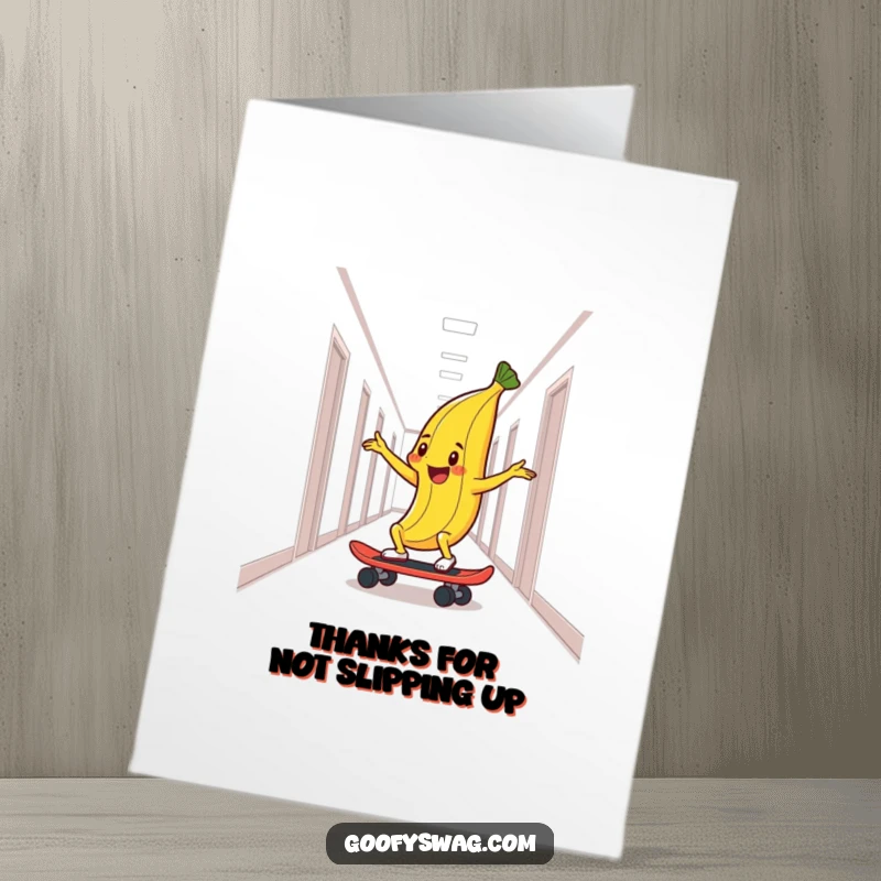 Funny Free Printable Thank You Card: A delighted banana peel skateboarding down a hallway, offering a fun and humorous thank you.