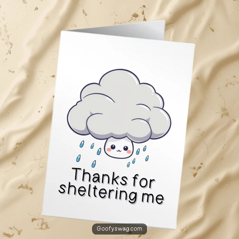 Funny Free Printable Thank You Card: Shy raindrop peeking from behind a cloud, expressing gratitude humorously.