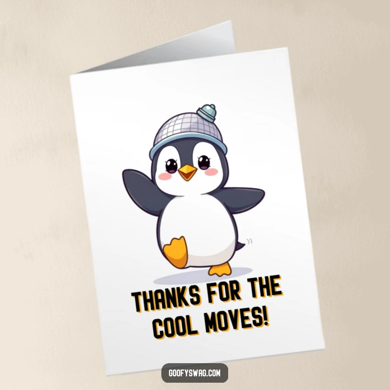 Funny Free Printable Thank You Card: A proud penguin wearing a disco ball hat dances energetically, sending thanks.