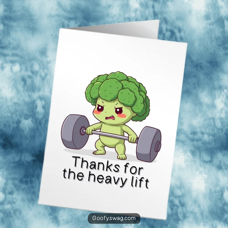 Funny Free Printable Thank You Card: A determined broccoli floret giving a nod of thanks after lifting a heavy weight, symbolizing support.