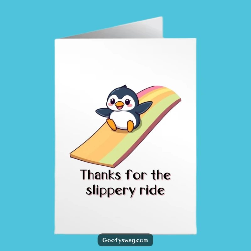 Free Printable Thank You Card: Penguin Rainbow Ramp Mishap - Humorous Downloadable Gift