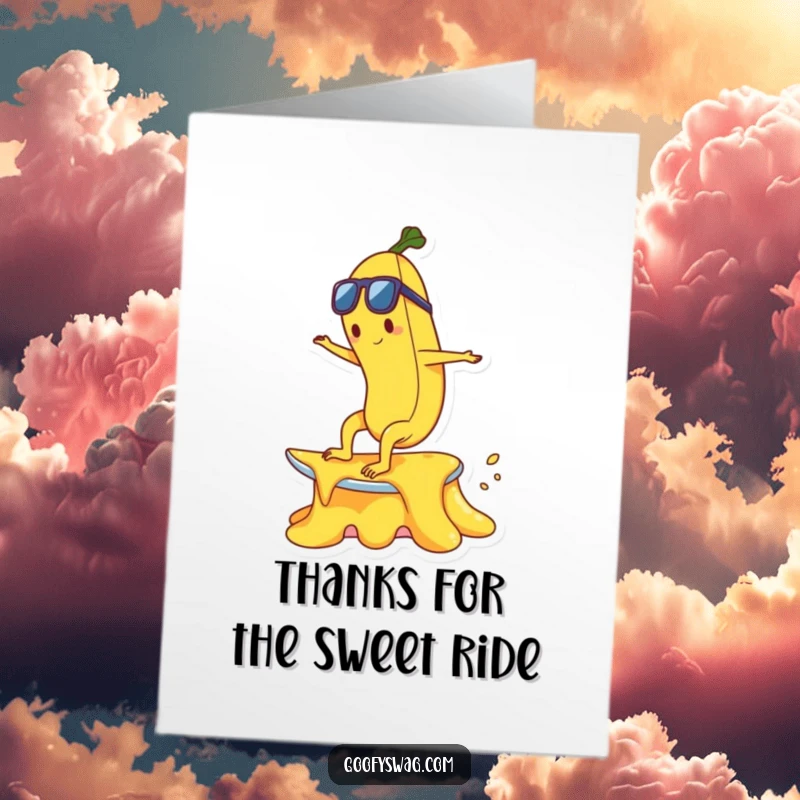 Funny Free Printable Thank You Card: Banana character surfing melting ice cream, a sweet thank you gesture.