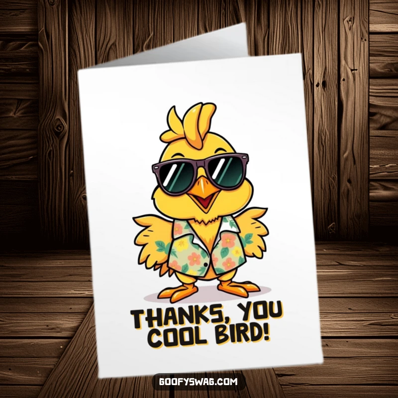 Funny Free Printable Thank You Card: A rubber chicken happily wearing sunglasses and a Hawaiian shirt to say thanks.