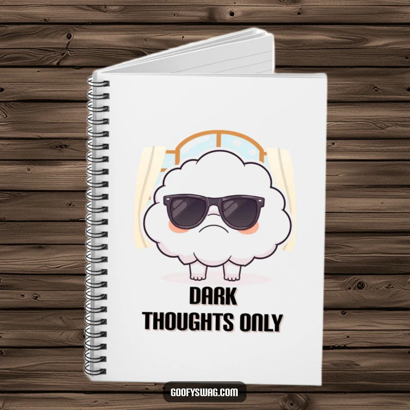 Funny notebook cover with a grumpy cloud attempting to wear sunglasses indoors, ideal for sarcastic notes, journaling, and sketching.