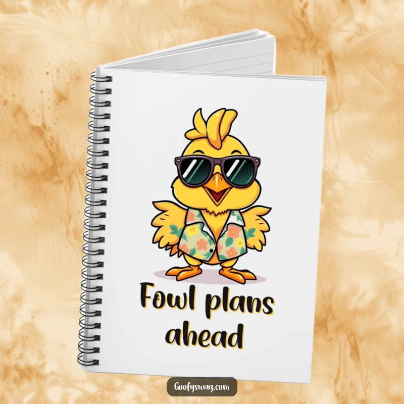 Funny rubber chicken Hawaiian shirt notebook, a vibrant design for recording thoughts, perfect for planning fun.