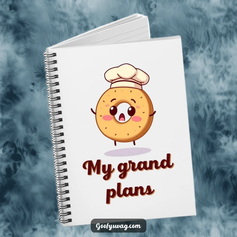Funny notebook featuring a surprised bagel in a chef hat attempting a flip, great for recipes and ideas.