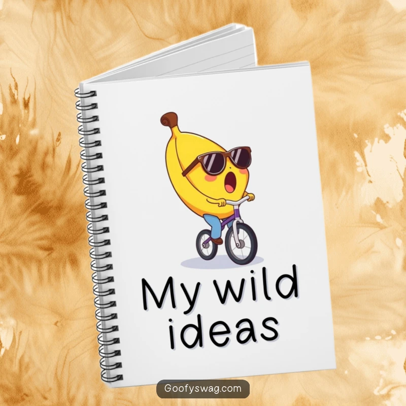 Funny banana notebook, surprised expression, wearing tiny sunglasses, riding a unicycle. A humorous journal for jotting down notes and brilliant ideas.