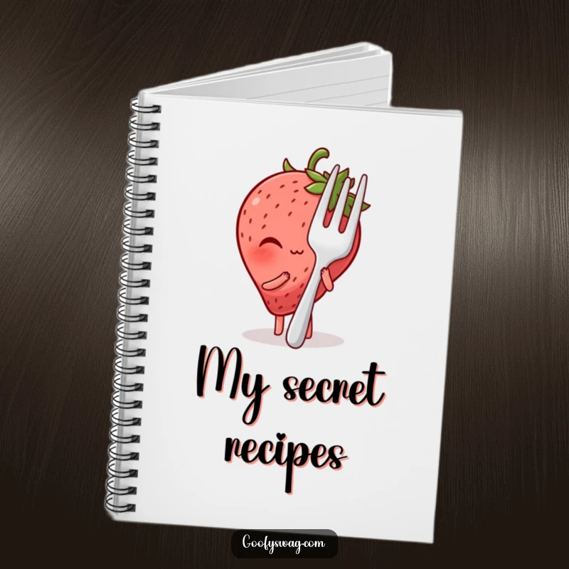 Funny notebook with a blushing strawberry hiding behind a large fork, designed for jotting down funny thoughts and ideas.