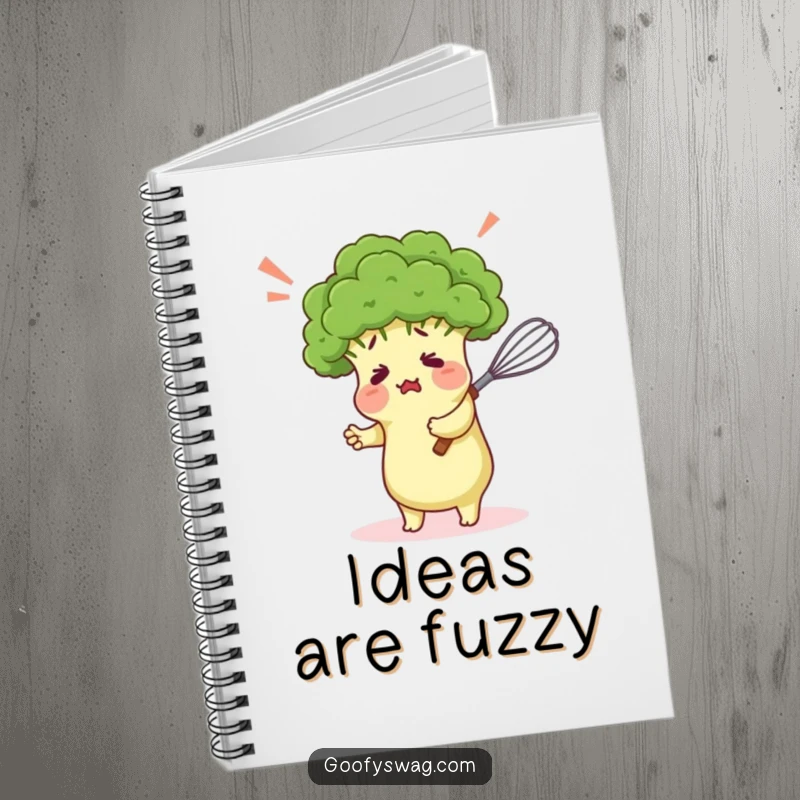 Funny notebook featuring a confused broccoli floret comically hugging a kitchen whisk, perfect for jotting down notes with humorous flair.