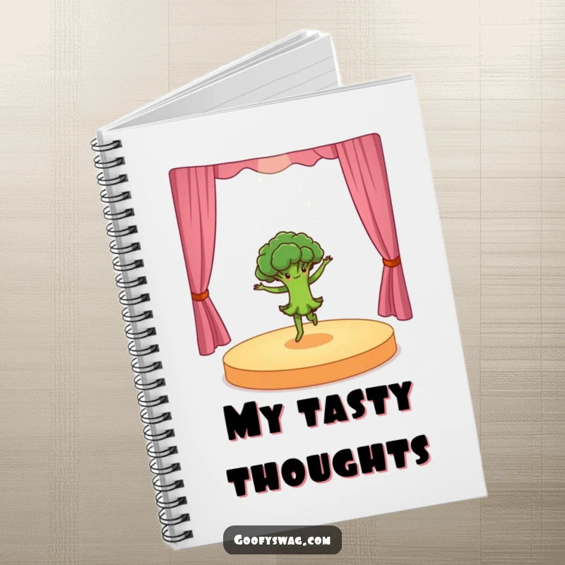 Funny dancing broccoli doing a dramatic pirouette on a tiny stage, a notebook cover design that inspires movement, energy, and humorous expression.