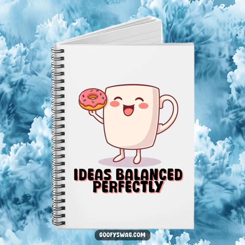 Funny Coffee Mug Notebook: A lined notebook featuring a dancing coffee mug balancing a donut, inspiring cheerful and productive entries.