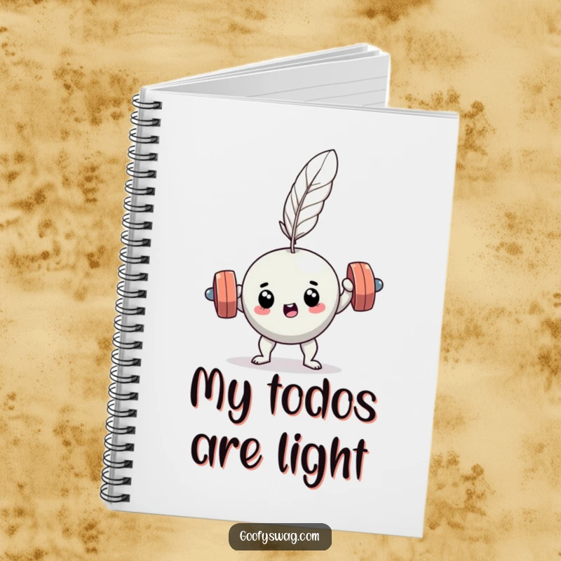 Funny determined dumbbell feather lift notebook, a humorous design for recording thoughts, perfect for organized workouts.
