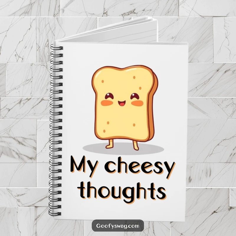 Funny notebook with a proud grilled cheese sandwich dramatically posing under a spotlight, perfect for noting delicious ideas.
