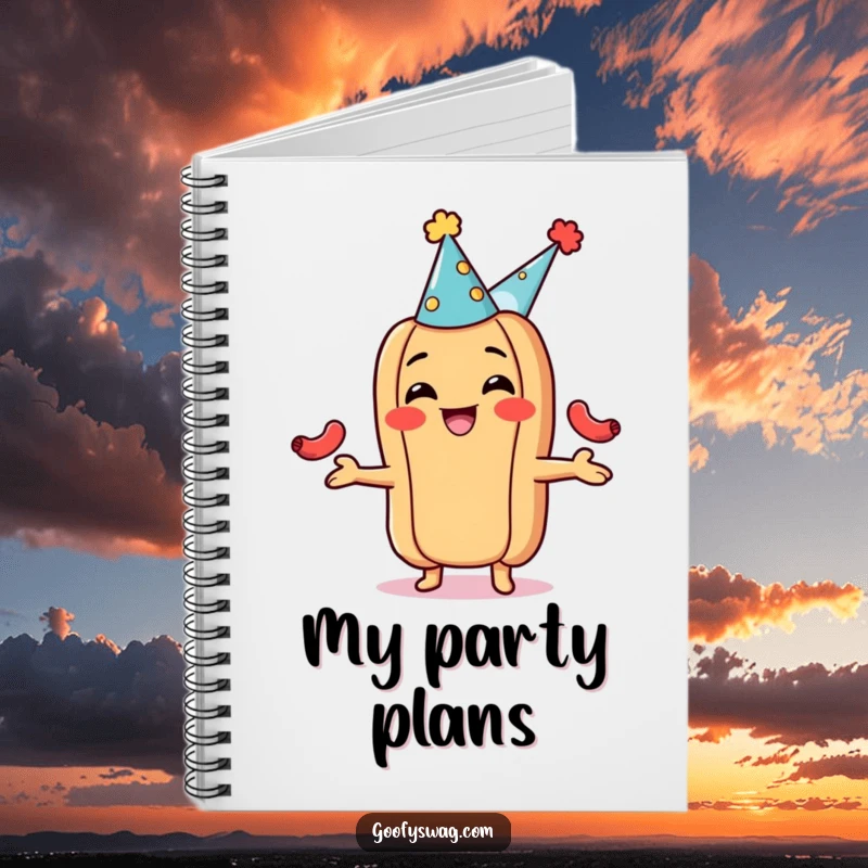 Funny hot dog notebook, wearing a party hat and juggling small sausages. Ideal for journaling and note-taking with a festive, humorous design.