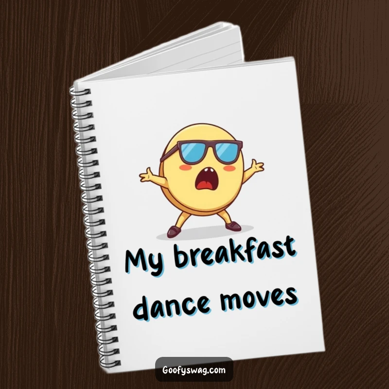 Funny Pancake Notebook showing a surprised pancake in sunglasses doing a breakdance, for notes and doodles.