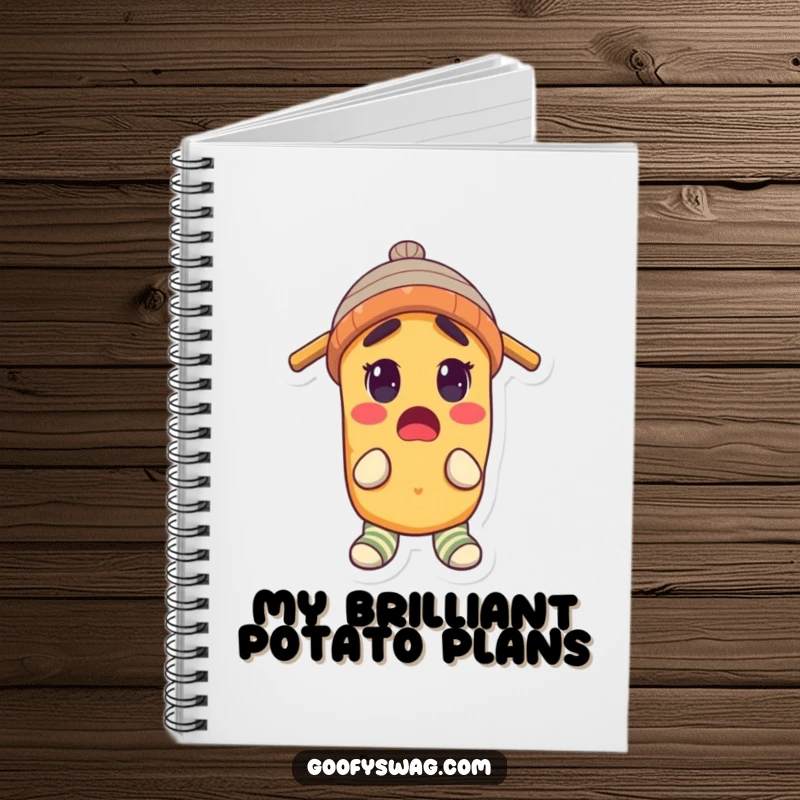Funny Notebook featuring a surprised potato character in a propeller beanie and mismatched socks, ideal for jotting down quirky thoughts.