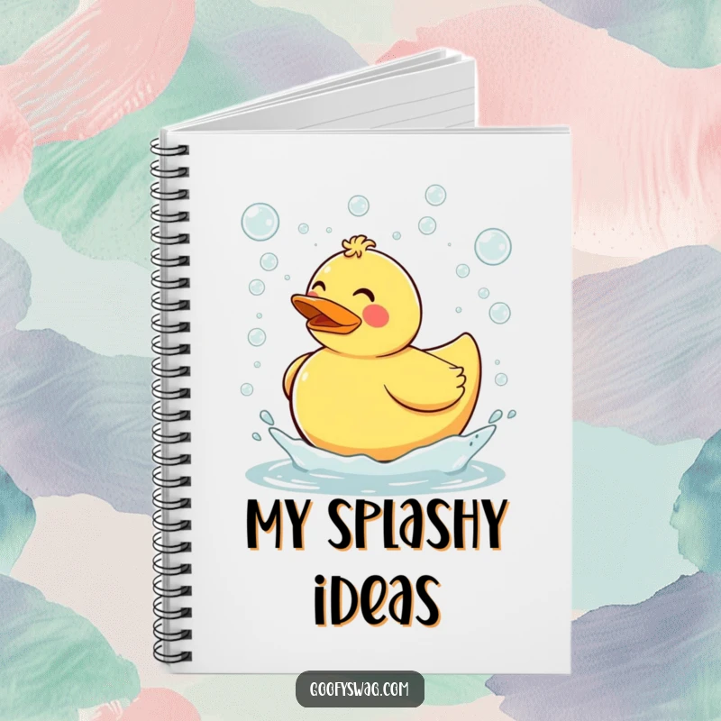 Funny clumsy rubber duck tripping and sending bubbles flying everywhere, a notebook cover design that brings bubbly humor and playful inspiration to your writing.