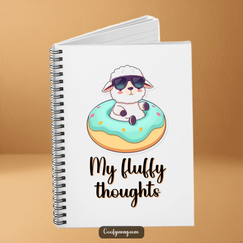Funny notebook cover with a fluffy sheep in sunglasses lounging on a giant donut float, ideal for jotting down ideas with a humorous relaxation theme.