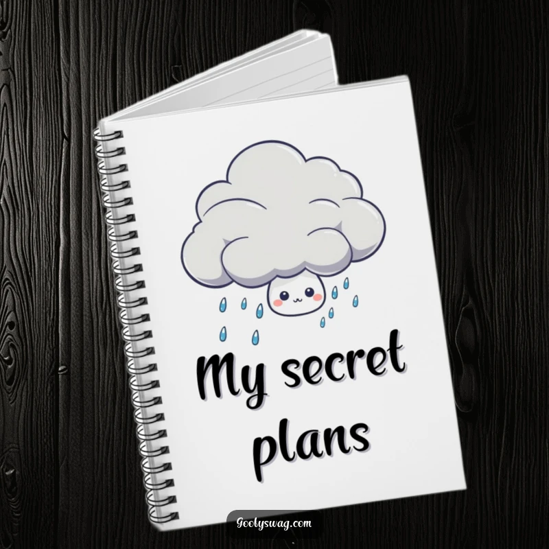 Funny shy rain drop character hiding behind a cloud on a ruled notebook, ready for notes and doodles.