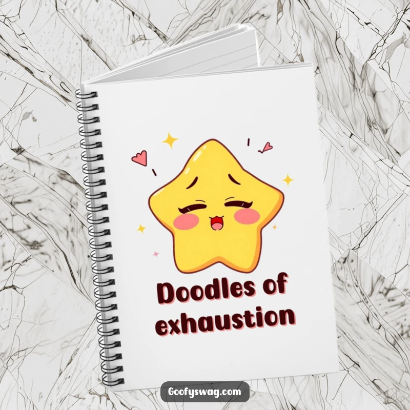 Funny sleepy star character yawning rainbows while blinking, on the cover of a humorous notebook.