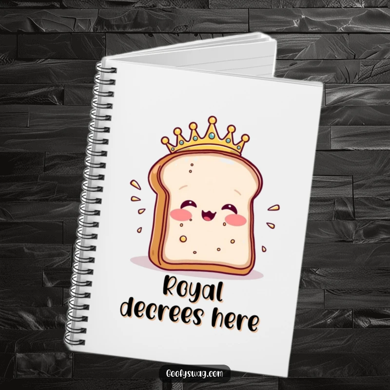 Funny notebook featuring a crowned toast slice dramatically sneezing crumbs, great for recipes and dramatic thoughts.