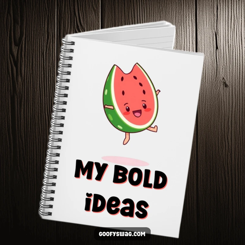Funny watermelon slice notebook, mid-backflip with an ecstatic expression. Ideal for journaling and note-taking with a cheerful, energetic design.
