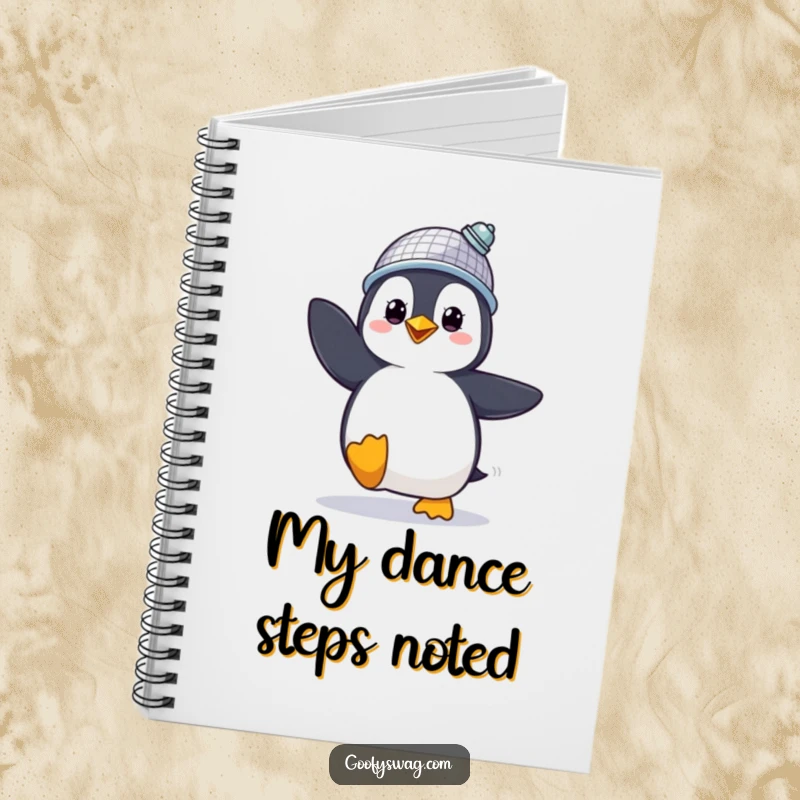 Funny Notebook with a proud penguin in a disco ball hat dancing, great for jotting down ideas.