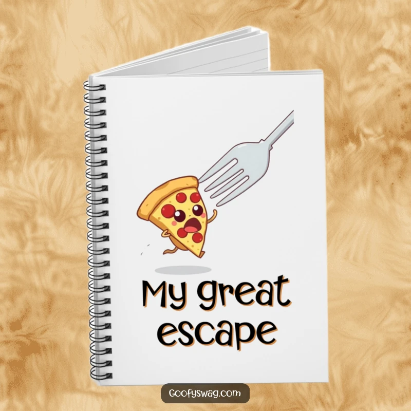 Funny notebook cover showcasing a startled pizza slice in a comical sprint away from a looming fork, perfect for capturing witty thoughts.