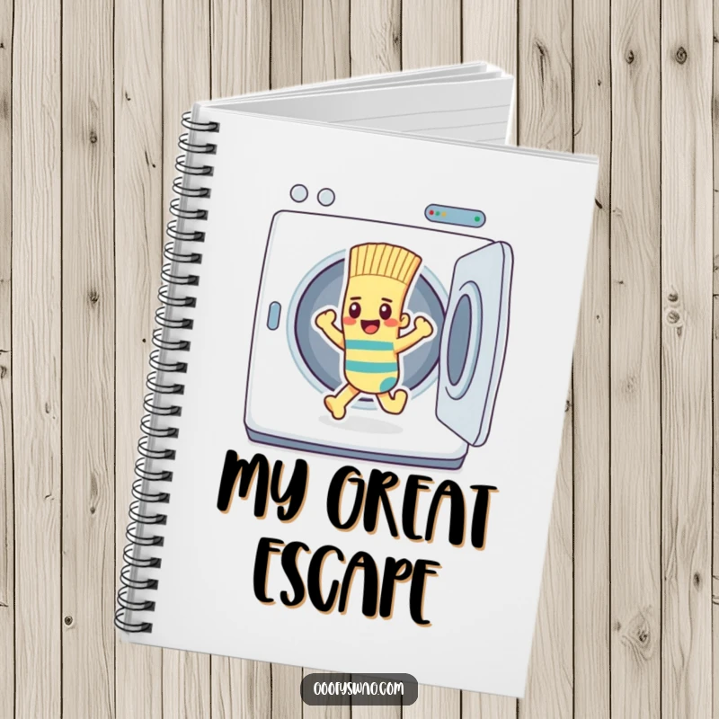Funny determined sock character escaping a dryer, on the cover of a humorous notebook.