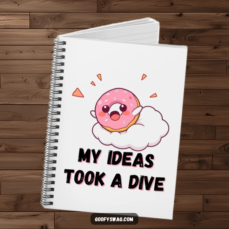 Funny Donut Falling Notebook with a surprised donut character falling from a cloud with a happy yelp, ideal for capturing notes with a sweet twist.