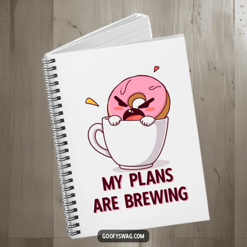 Funny notebook cover featuring a grumpy donut in a speedy escape from a coffee mug, perfect for jotting down witty observations.