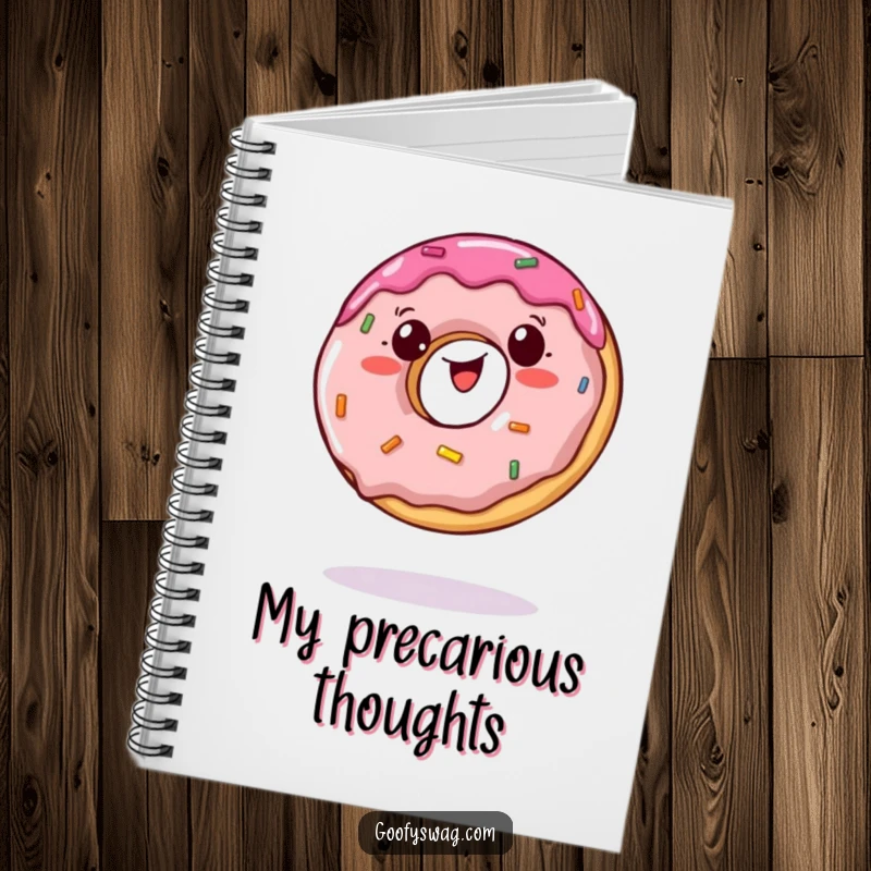Funny notebook featuring a wobbly jelly doughnut balancing on a single bite, great for recipes and sweet thoughts.