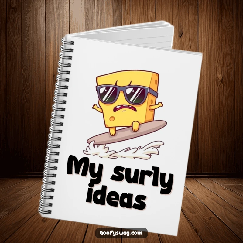 Funny notebook featuring a grumpy cheese slice with sunglasses surfing a cracker, great for notes and doodles.