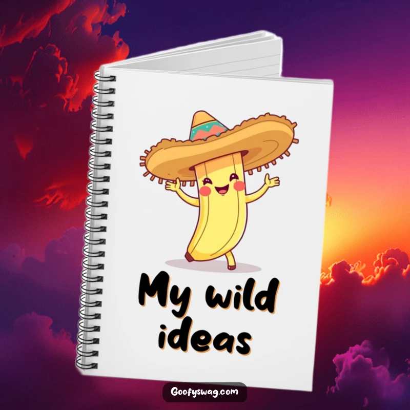 Funny notebook cover with a banana peel wearing a sombrero and doing the cha-cha, ideal for party planning, notes, and sketches.
