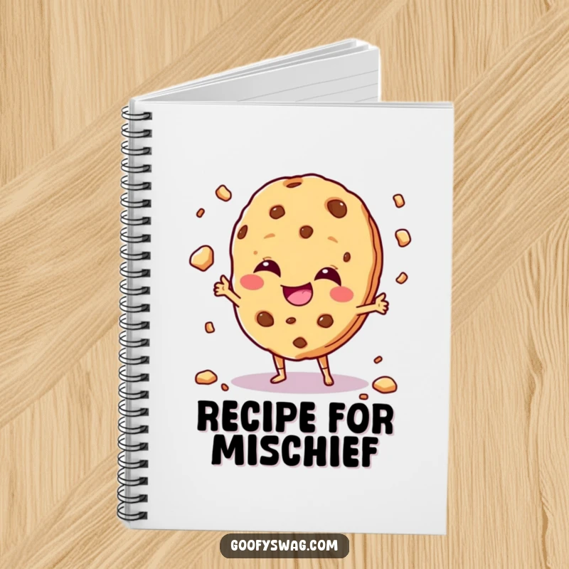 Funny giggling cookie character juggling crumbs with a mischievous grin, on the cover of a humorous notebook.