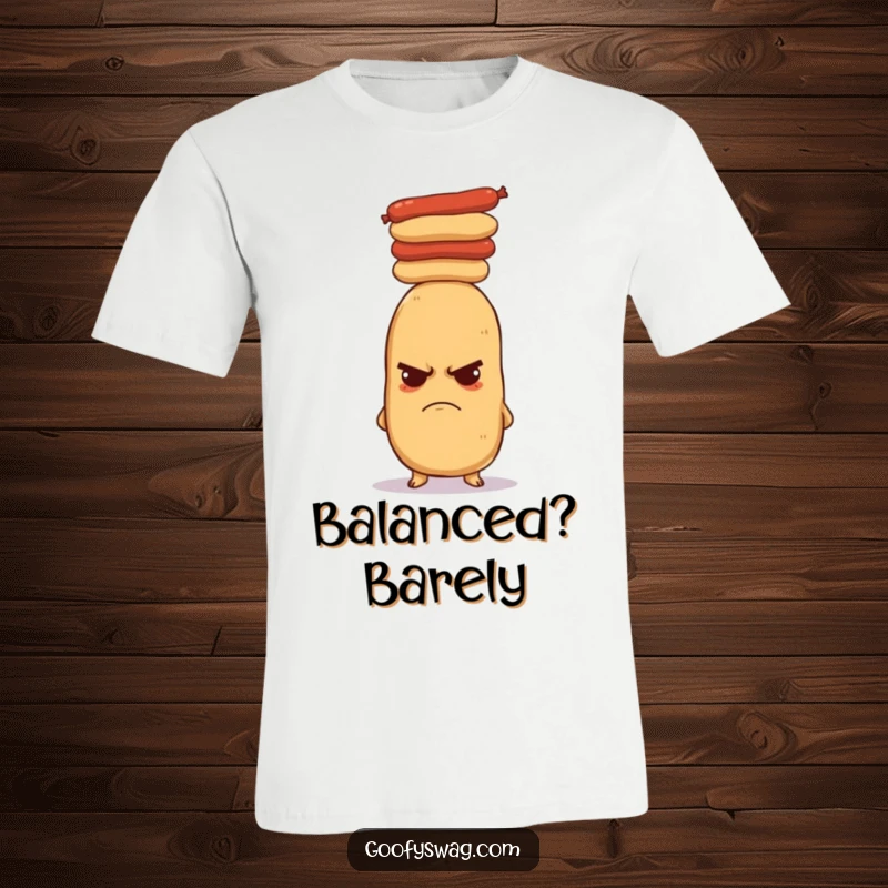Funny grumpy potato t-shirt showing a determined but stressed potato balancing many hot dogs on its head with great difficulty.