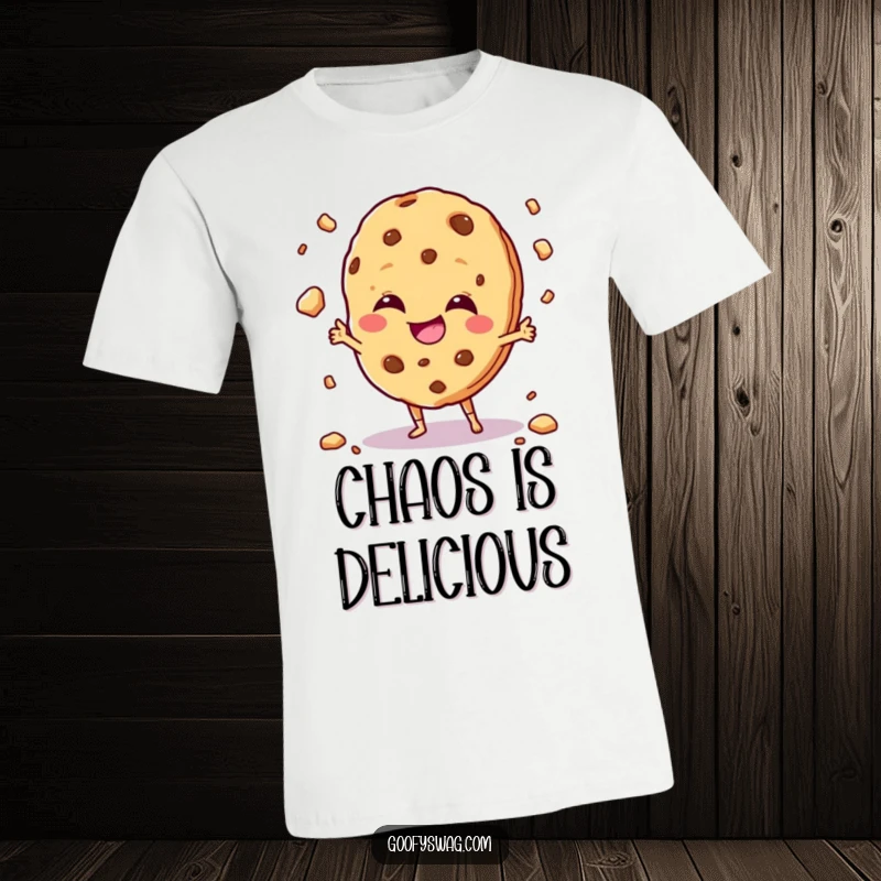 Funny giggling cookie character juggling crumbs with a mischievous grin, printed on a humorous t-shirt.