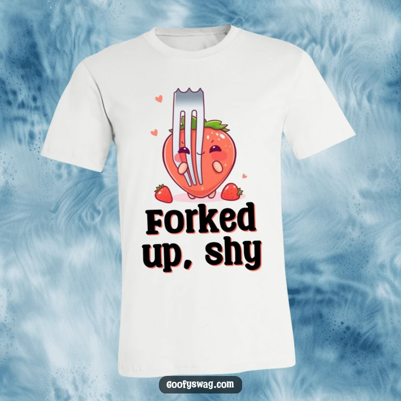 Funny Strawberry Fork T-Shirt: A shy, blushing strawberry attempts to conceal itself behind a massive fork on this humorous tee.