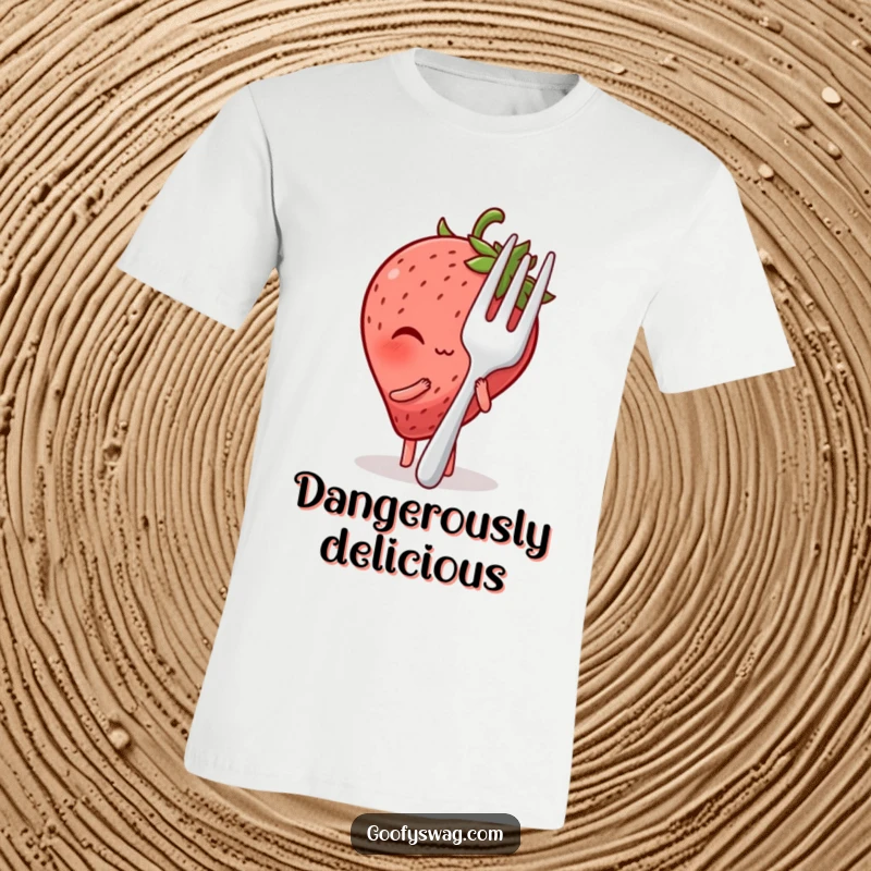 Funny blushing strawberry character peeking from behind a massive fork on a t-shirt, showing shy humor and sweetness.