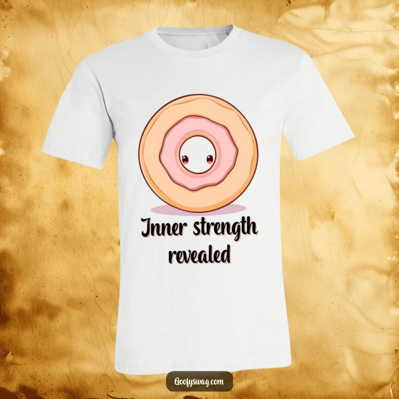 Funny doughnut character peeking out of a larger doughnut’s hole on a t-shirt, showcasing playful curiosity and humor.