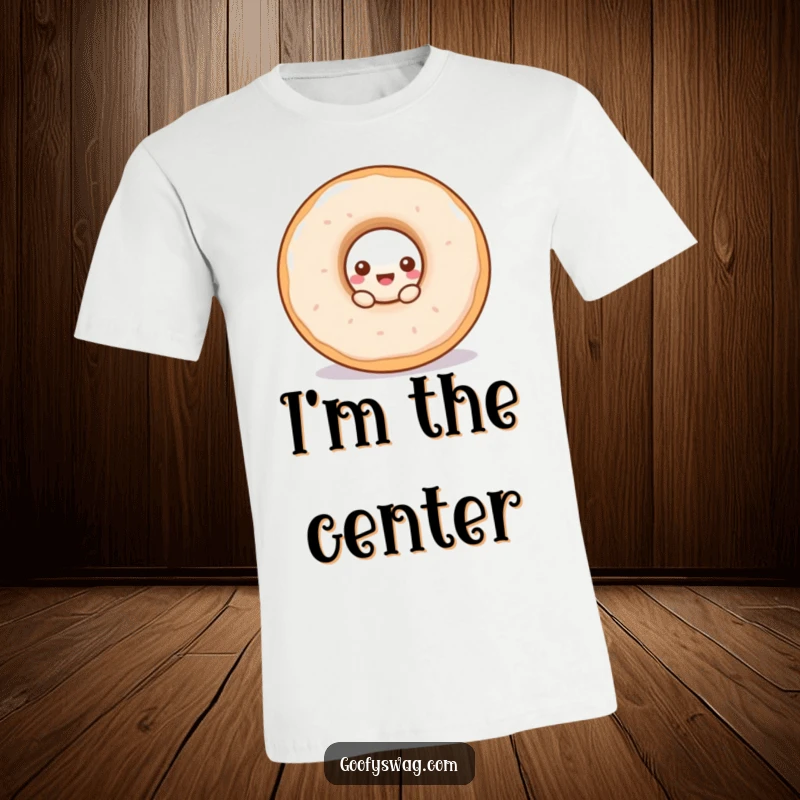 Funny doughnut t-shirt with a curious doughnut peeking from a larger doughnut's hole, showcasing playful food art.