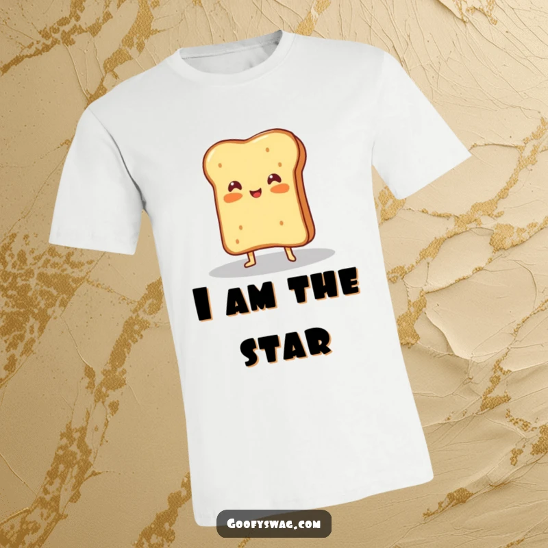 Funny t-shirt showing a proud grilled cheese sandwich posing dramatically under a spotlight, full of cheesy charisma.