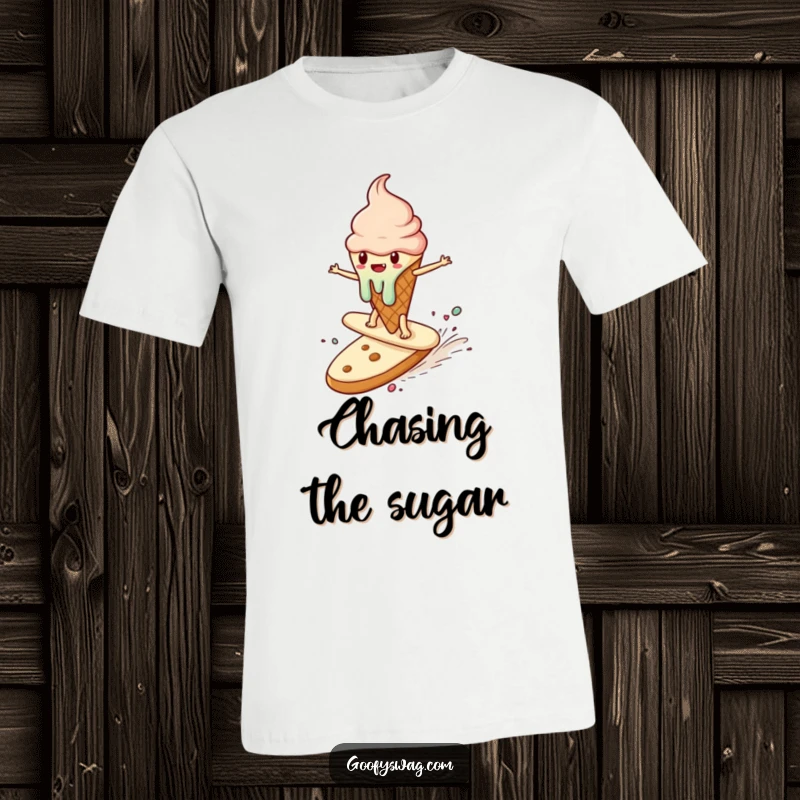Funny t-shirt featuring a melting ice cream cone surfing a runaway cookie, a humorous and whimsical design for dessert enthusiasts.