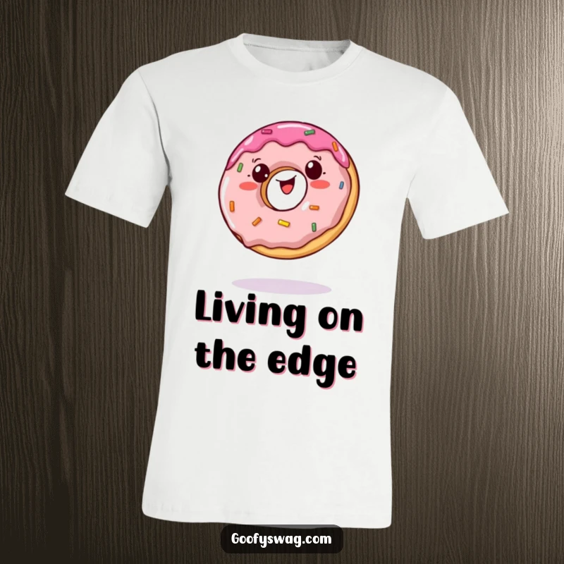 Funny t-shirt with a wobbly jelly doughnut comically balancing on a single bite, showcasing precarious sweetness.