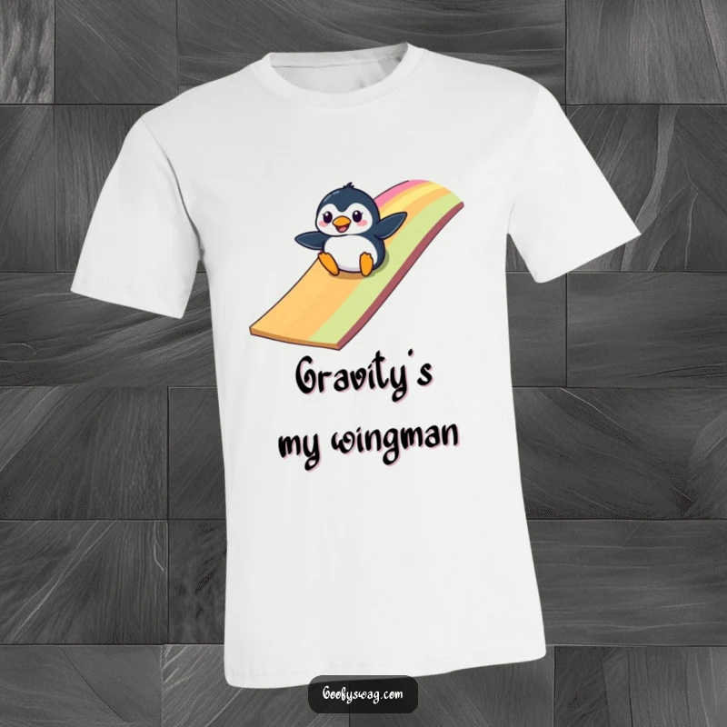 Funny clumsy penguin sliding down a colorful rainbow ramp, a hilarious and eye-catching t-shirt graphic.